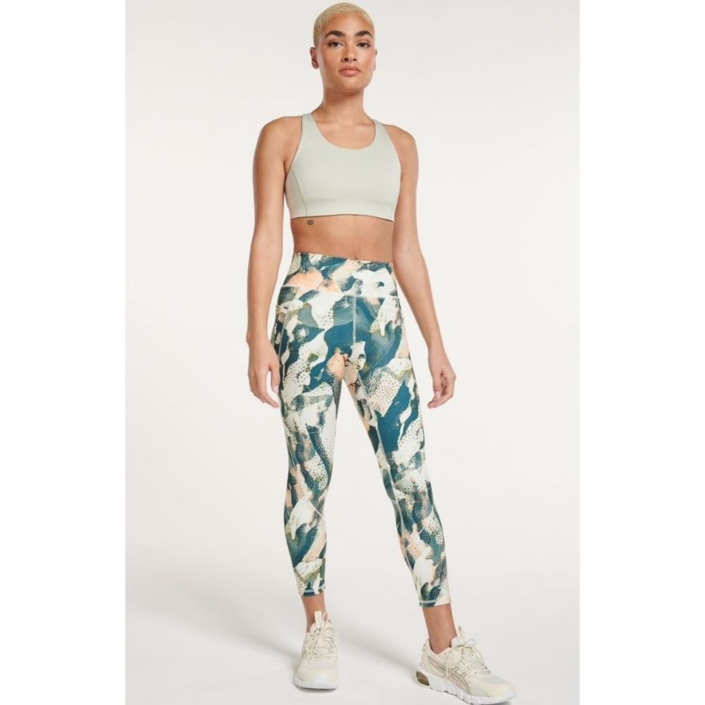 FLX Ascent High Waisted Ankle Leggings Blue, Gray & Coral Patterned Size L